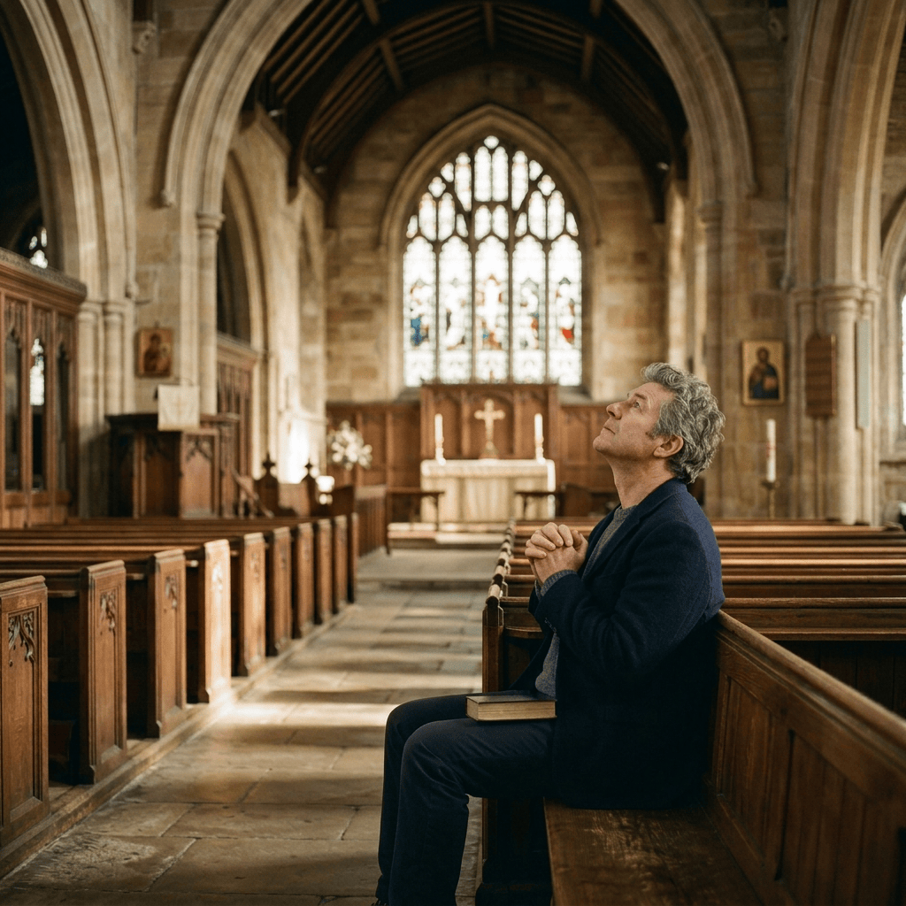 Man holding a book while seated in a historic church pew