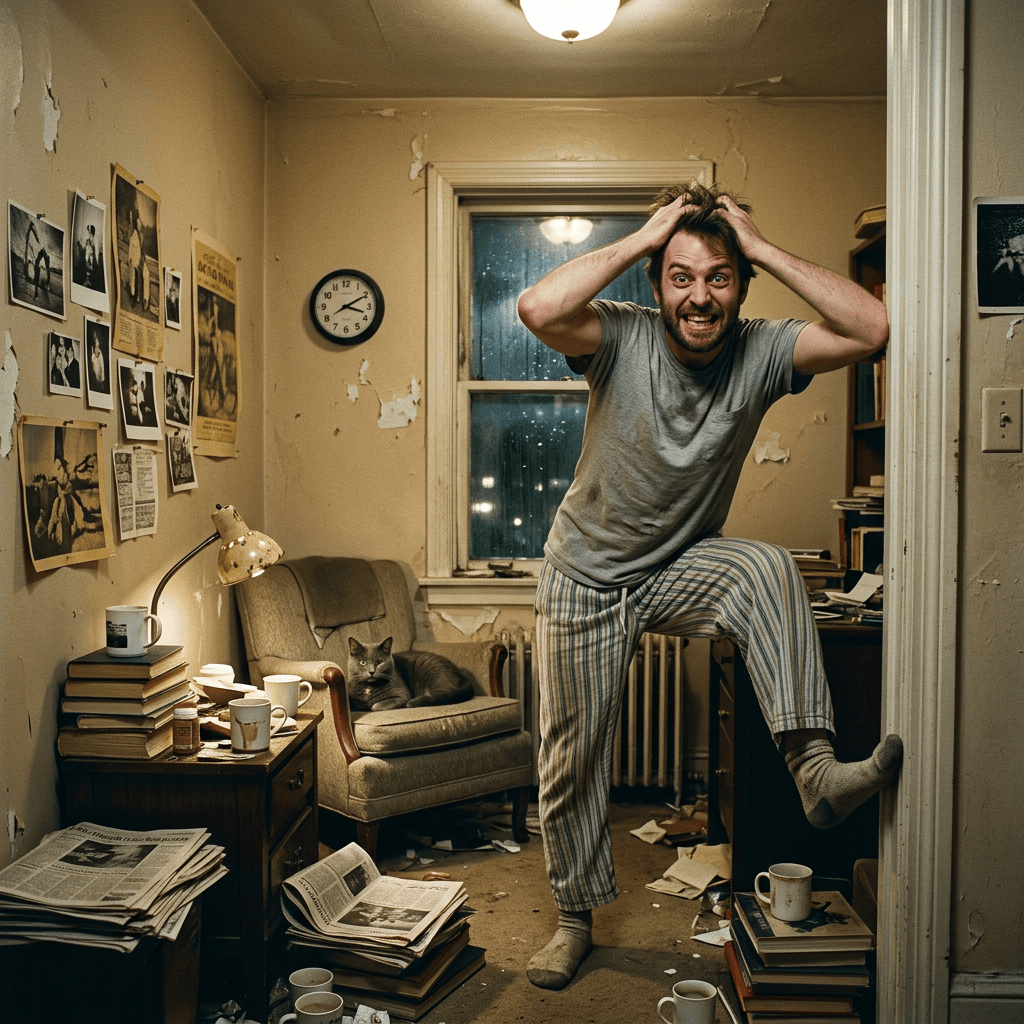 Frantic man clutching his hair in a cluttered room with a cat